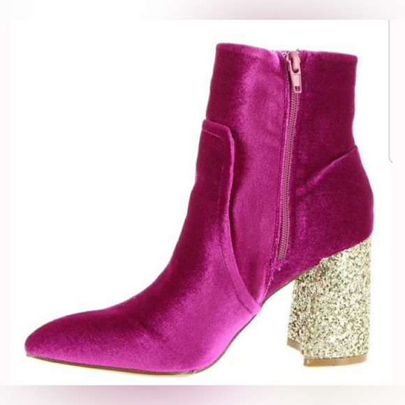 Betsey Johnson Kacey Pink Magenta  Velvet Gold Glitter Chunky Block Heel  Sz 7.5 - Picture 4 of 14
